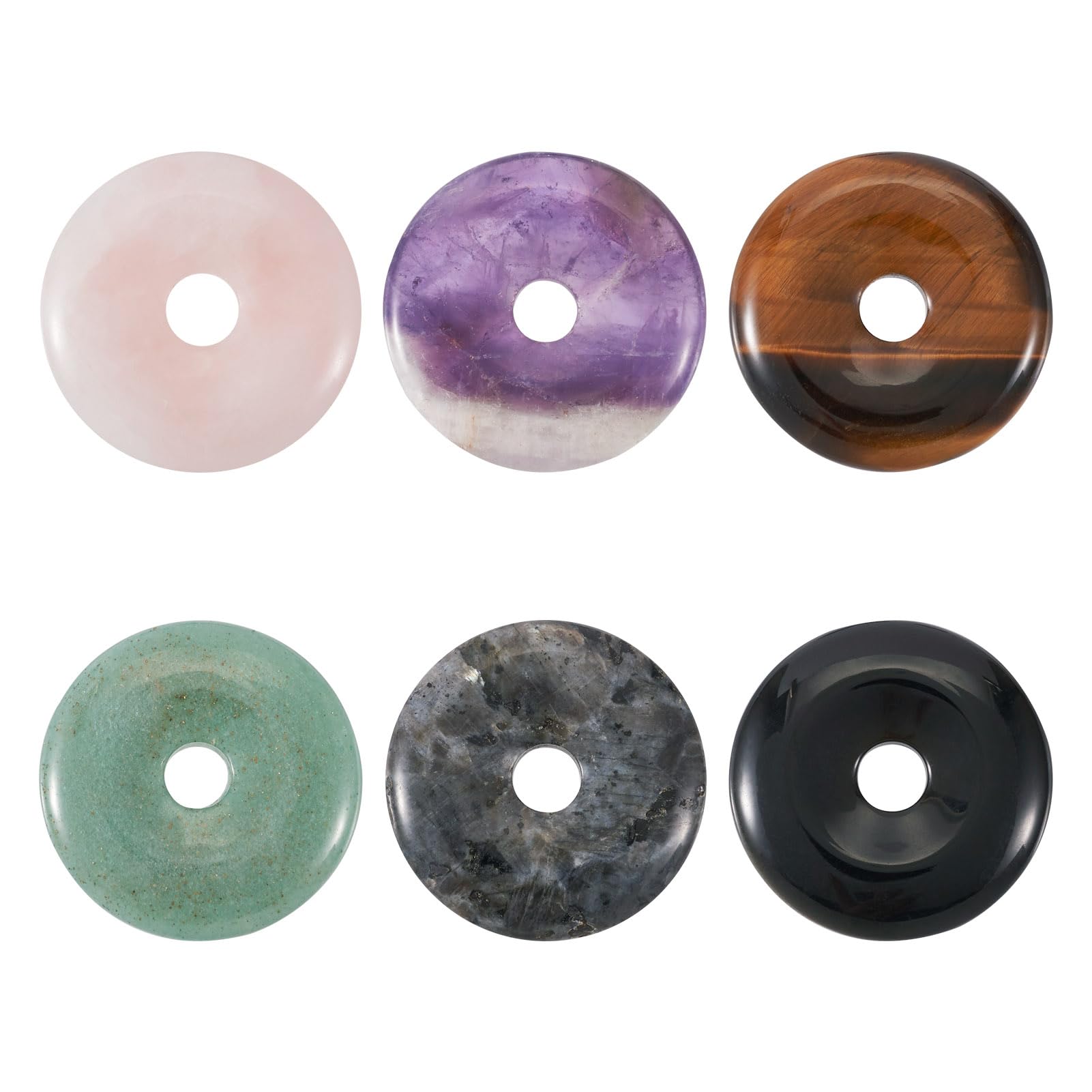 Spritewelry 6pcs Natural Crystal Donut Pendant Large Hole Disc Gemstone Charm Reiki Healing Stone Lucky Coin Necklace Dangle Charm Flat Round Bead Charms for Women Men Gift Jewelry Making