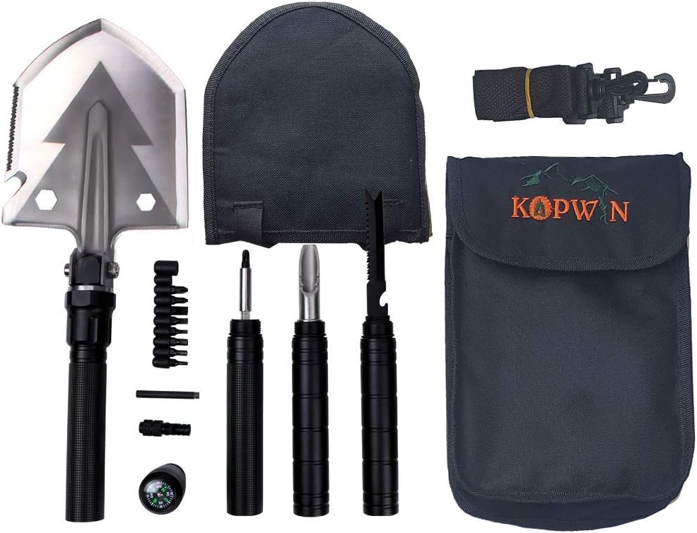 Folding Shovel and Camping Multitool - Survival Shovel with Heavy Duty Blade. Portable and Lightweight Military Grade Camp Shovel and Entrenching Tool for Hiking, Snow, Backpacking, and Car Safety.