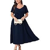 SCOMCHIC Women Plus Size Midi Dresses Short Sleeve V Neck Twist Front Summer Wedding Guest Smocked Flowy A Line Dress