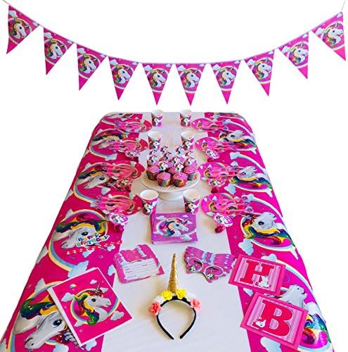 Unicorn Party Supplies – Complete Set With Disposable Tableware, Party Decorations, Unicorn Headband, Cake Toppers, Gift Bags, Invitation Cards, Eye Masks, Blow Dragons &amp; Party Favors – 126 Pieces