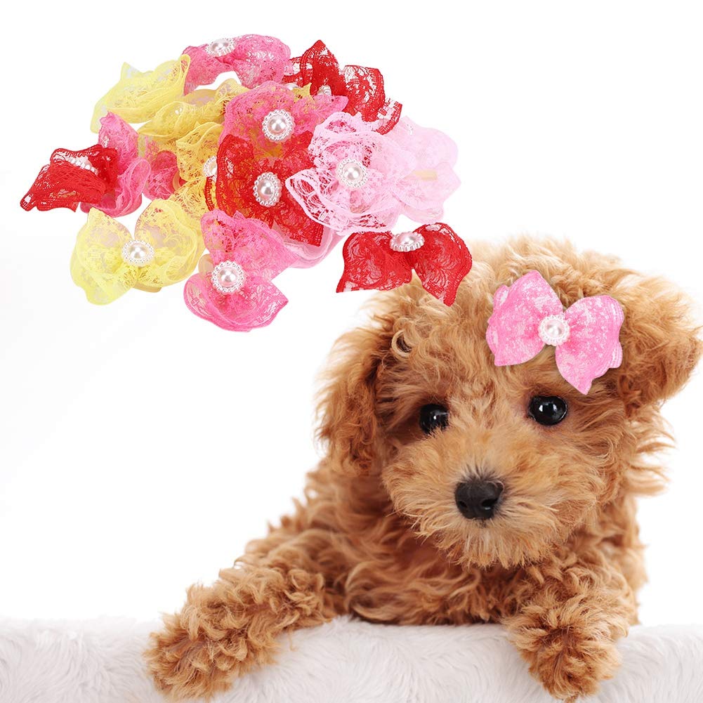 Pssopp 20Pcs Pet Hair Bows Multicolor Lace Bowknot Grooming Accessories Topknot Hair Accessories with Rubber Bands for Cat Medium Small Dog