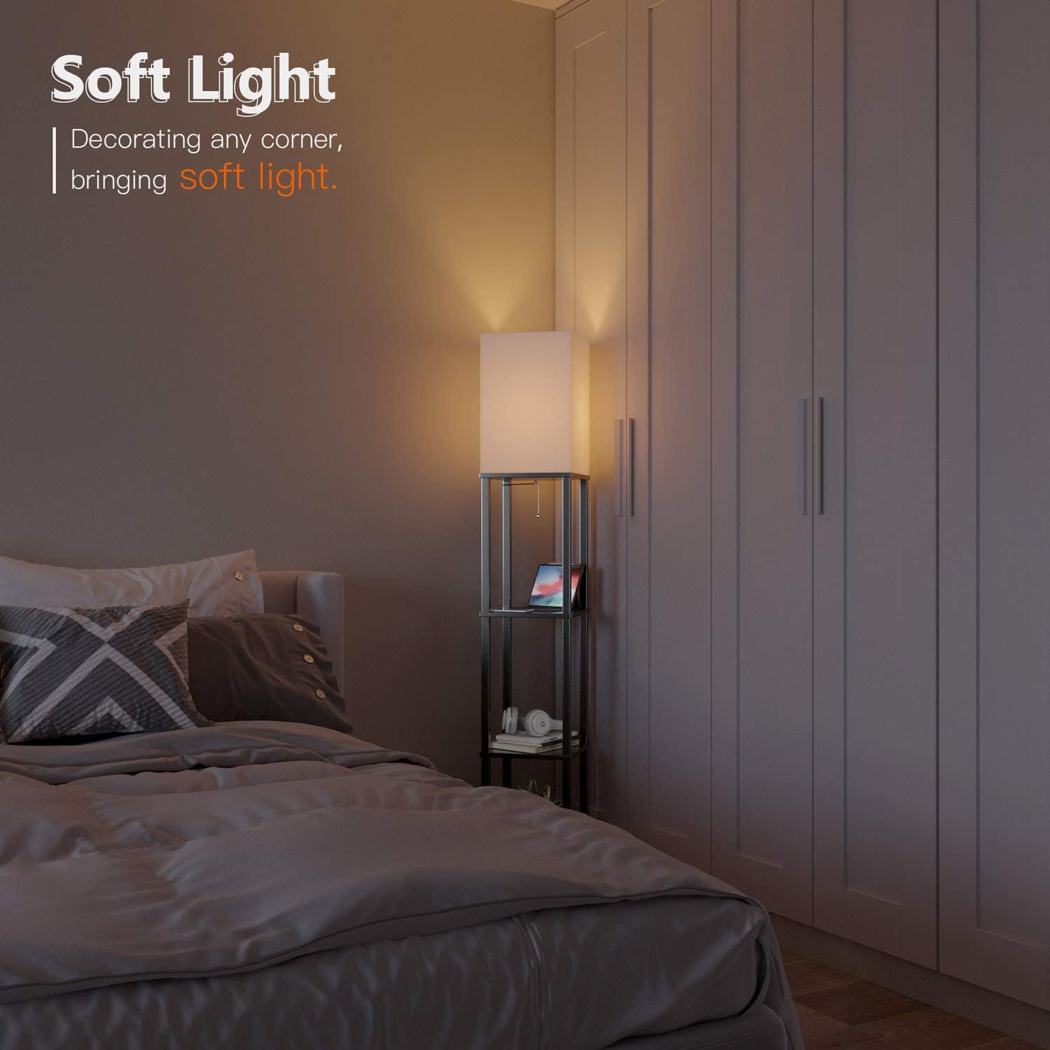 Addlon LED Modern Shelf Floor Lamp with White Lamp Shade and LED Bulb - Display Shelves Floor Lamps for Living Room Bedroom and Office - Classic Black: Home Improvement