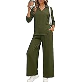 LOVESHOOT Women Lounge Sets 2 Piece Outfits Summer Casual 3/4 Sleeve V Neck Pullover Top Wide Leg Pants Matching Sets