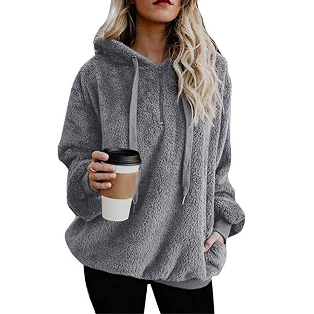 Weardear Women Solid Long Sleeve Zip Drawstring Hooded Pullover Sweatshirt Fashion Hoodies Grey