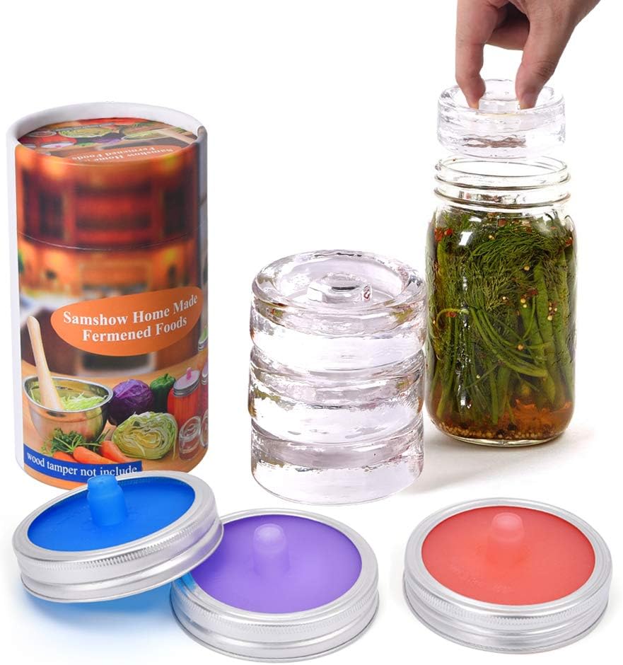 Samshow fermentation kit - 3 Pack of Fermentation Glass Weights with Easy Grip Handle, 3 pack Waterless Airlock Fermentation Lids,3 pack aluminum rust resistant bands for Wide Mouth Mason Jar