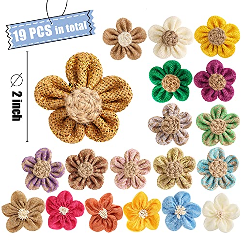 VGoodall 19 PCS Burlap Flowers Jute Flowers 4 Styles Natural Handmade Rustic Flower for Christmas Birthday Party Wedding Home Embellishment DIY Crafts