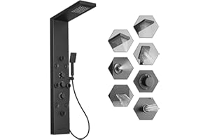 Bathfinesse Shower Massage Panel Black 6 in 1 Multifunction Rainfall Waterfall Body Spray Jets Shower Tower System with Handh