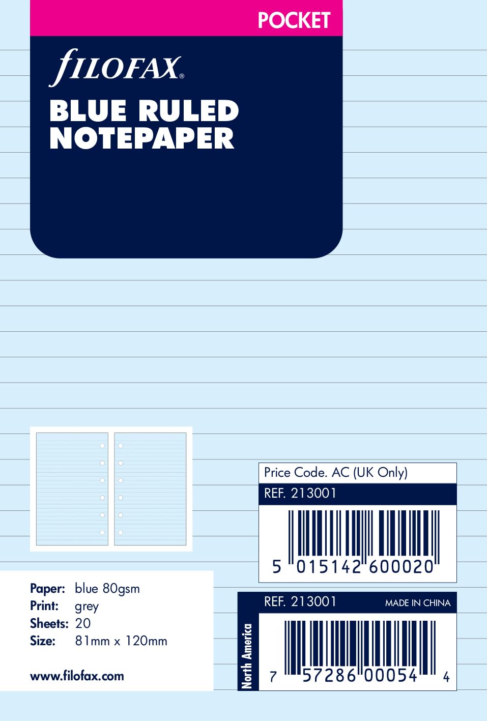 Filofax Pocket Blue Ruled Notepaper