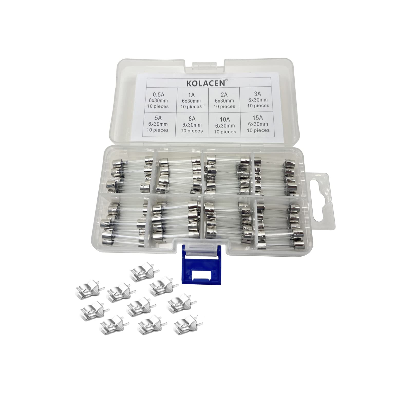 KOLACEN Quick Fast-blow Glass Tube Fuse 6 x 30 mm Assorted Kit 0.5Amp 1Amp 2Amp 3Amp 5Amp 8Amp 10Amp 15Amp (Pack of 80)