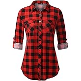 DJT Womens Soft Stretchy Knit Plaid Shirts Roll Up Long Sleeve Collared Button Down Blouses Tops