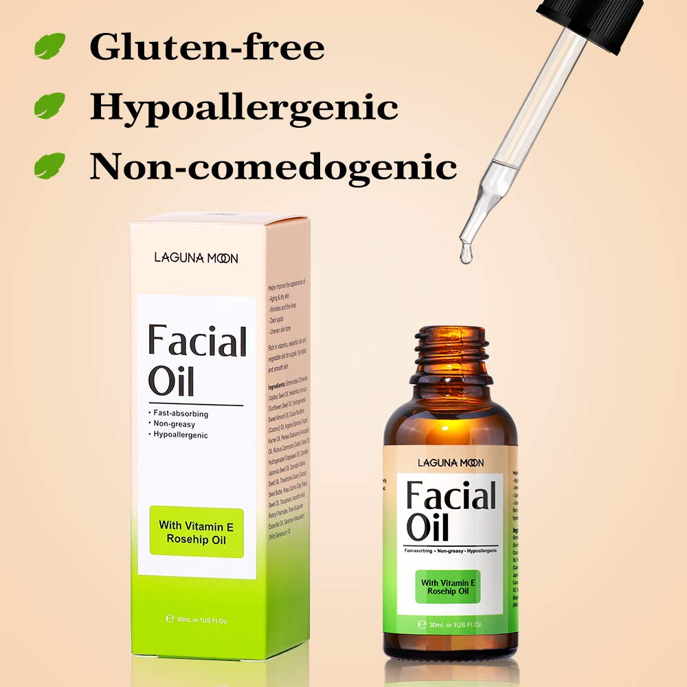 Lagunamoon Facial Oil for Women Anti-Aging & Moisturizing, Natural Face Oil with Rosehip Oil & Jojoba Oil Blends, Vitamins and Cocoa Butter for Dry Sensitive Skin, Vegan, 30ml/1 oz: Beauty