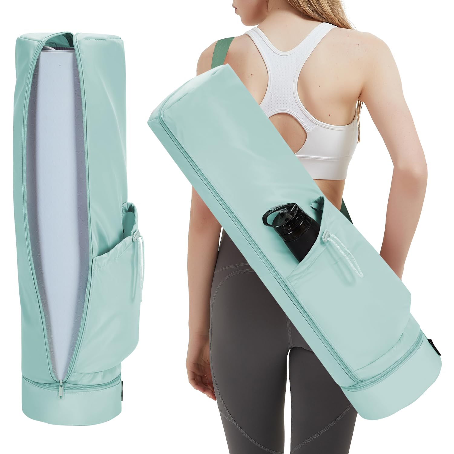 sportsnew Yoga Mat Bag Large with Carrying Strap, Bottle Pocket and Wet Compartment, Long Pilates Bag with Full Zipper for Thick Mat, Patent Pending (Mint Green)