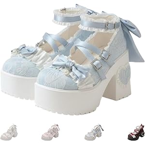 AODNEUQS Women's Gothic Lolita Chunky Platform Shoes - Kawaii Bow Lace Buckle Ankle Strap High Heels with Heart Detail Design