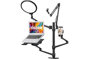 Viozon Selfie Desktop Live Stand Set 6-in-1 10" LED Ring Light Microphone Mount compatible with 12-17" laptop/17-32'' monitor/7-13 Tablet/3.5-6.7" Phone/Digital Camera DSLR Online Teaching Meeting