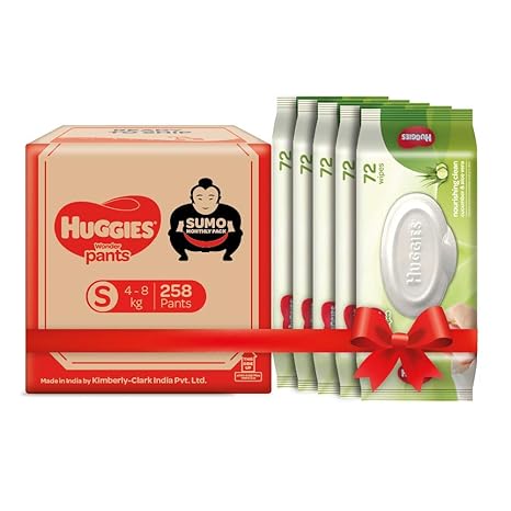 Huggies Wonder Pants Diapers Sumo Pack, Small (258 Count) & Huggies Baby Wipes - Cucumber & Aloe, Pack of 5 (360 Wipes)