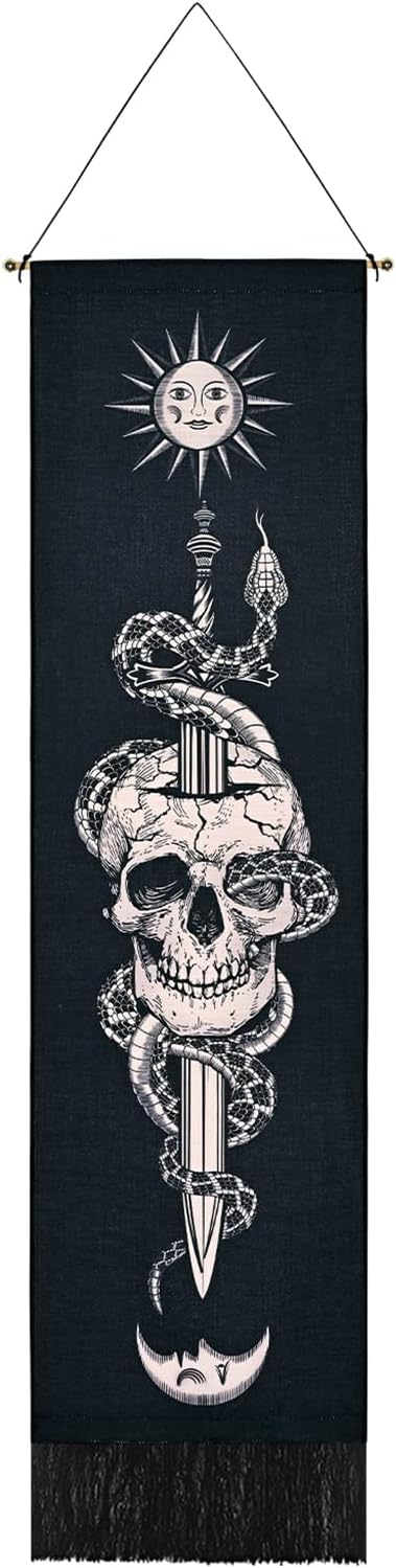 Tapestries - Uspring Skull Tapestry Sun and Moon Tapestry Skeleton Snake Tapestries Vertical Sword Tapestry Black and White Tapestry Wall Hanging for Room (Black, 12.8 x 51.2 inches)