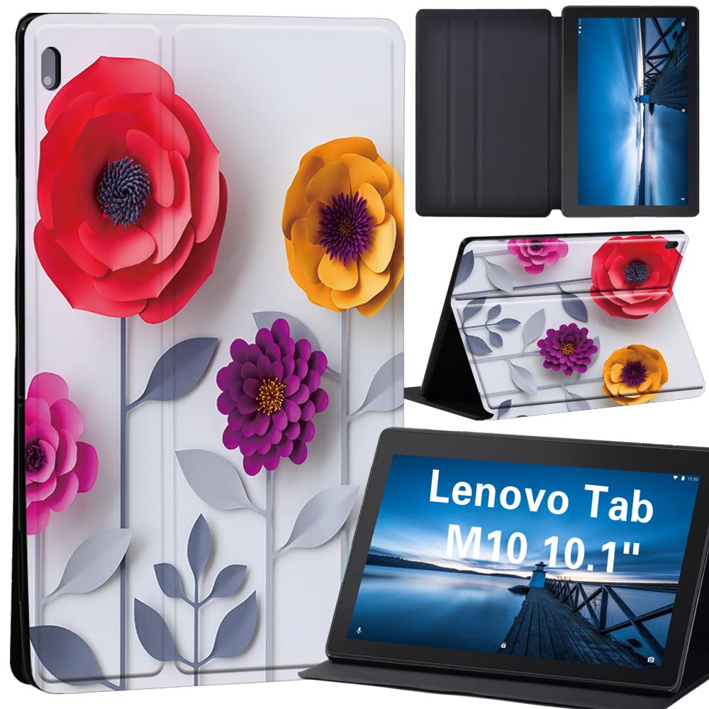 Design Case for Lenovo Tab M10 TB-X605F/ TB-X605L/ TB-X505F/ TB-X505L - Leather Tri-Fold Stand Cover Case for Lenovo Tab M10 10.1-Inch Tablet, (3D art-flower)