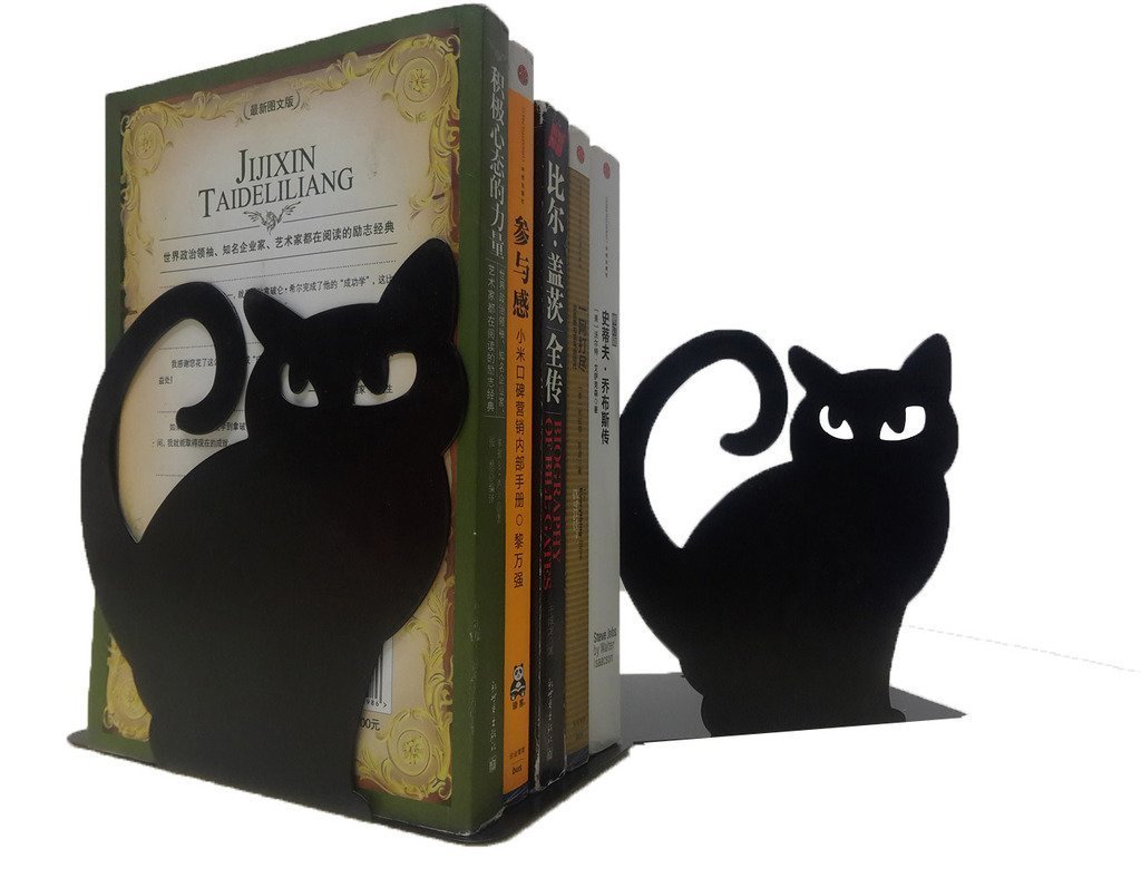 1 Pair Vivid Lovely Persian Cat Bookends for Shelves Cat Statue Book End Decorative Animal Metal Bookends (Black)