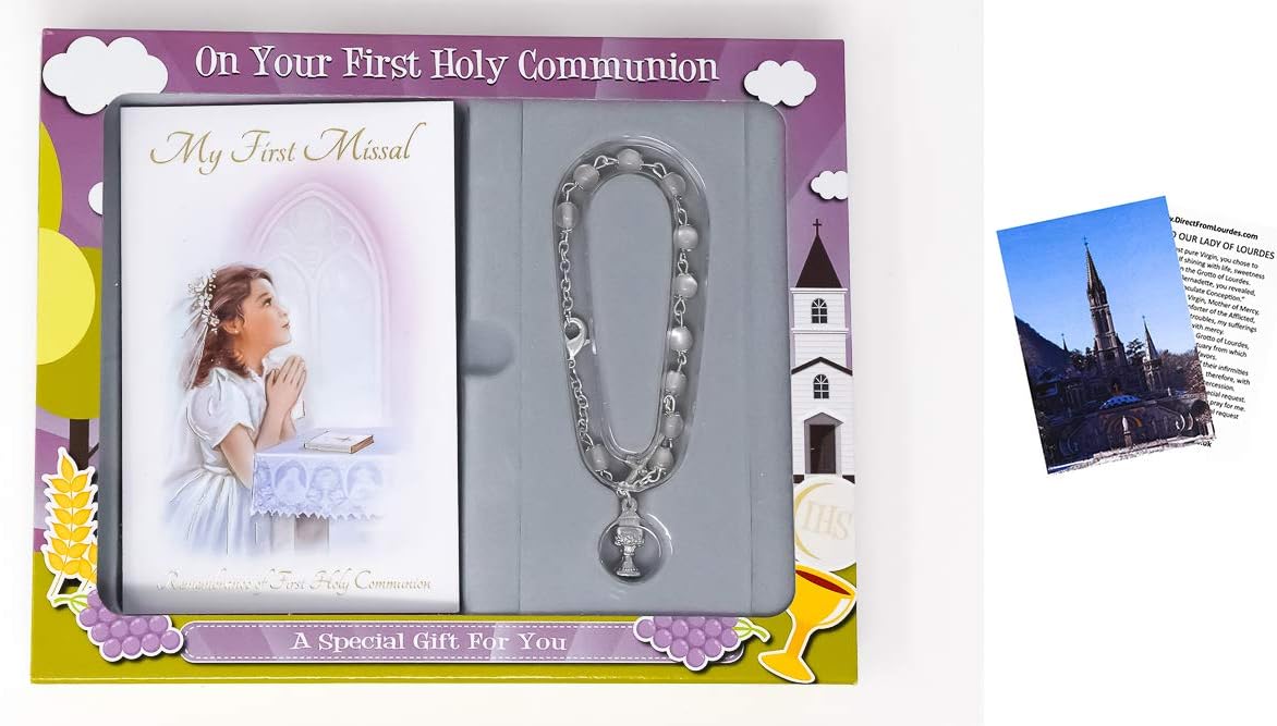 Girls First Holy Communion Gift Set Missal & Chalice Rosary Bracelet with LOURDES PRAYER CARD (C5160), Gold/Pink, 7 5 inch