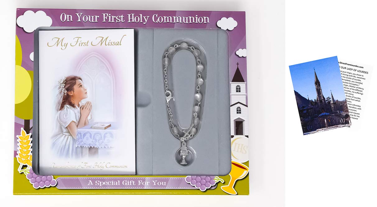 Girls First Holy Communion Gift Set Missal & Chalice Rosary Bracelet with LOURDES PRAYER CARD (C5160)