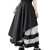 ellazhu Women's Skirt Loose Oversize Pleated High Elastic Waist Patchwork Mesh Side Pockets GZ660 A