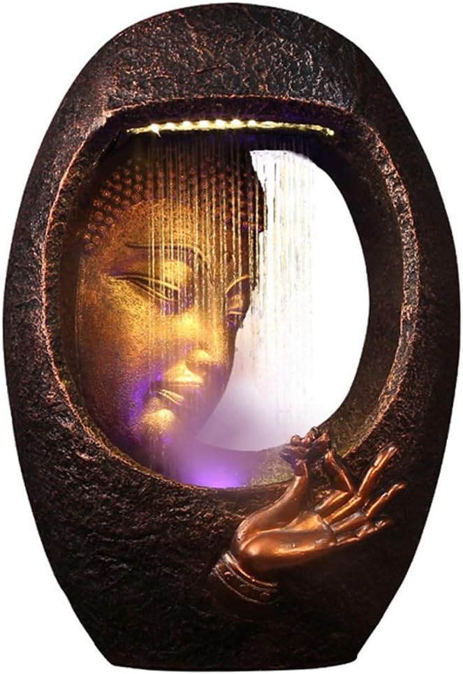 Tabletop Fountains Buddha Statue Fountain Resin Carved Mountain Stone Decoration Fountain Indoor Humidifier Zen Flowing Water Decoration Water Pump and LED Home Decoration Gift ( Color : B )