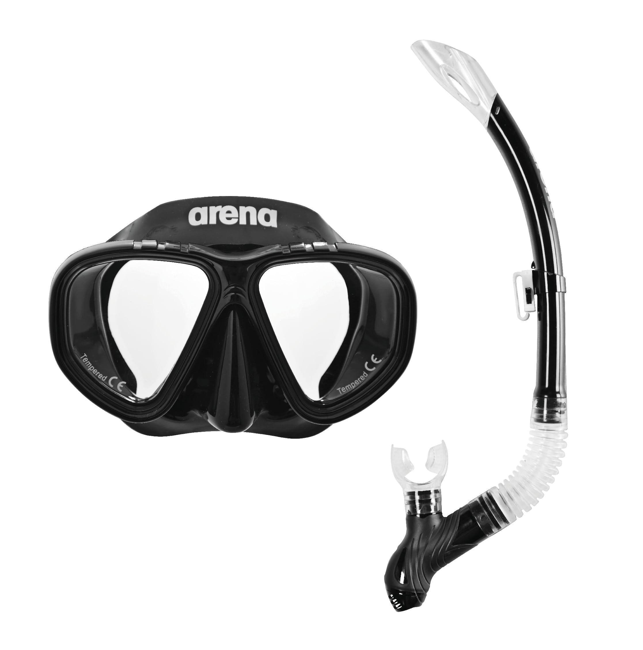 ARENA Premium Snorkeling Set Junior Unisex, Mask and Snorkel Set, Tempered Double Lens for Sea and Pool, Practical Buckle for a Good Fit, Black