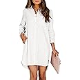 Aoudery Womens Button Down Shirt Dresses with Pockets Cotton Button Up Tunics Long Sleeve Solid High Low Blouse Tops