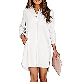 Aoudery Womens Button Down Shirt Dresses with Pockets Cotton Button Up Tunics Long Sleeve Solid High Low Blouse Tops