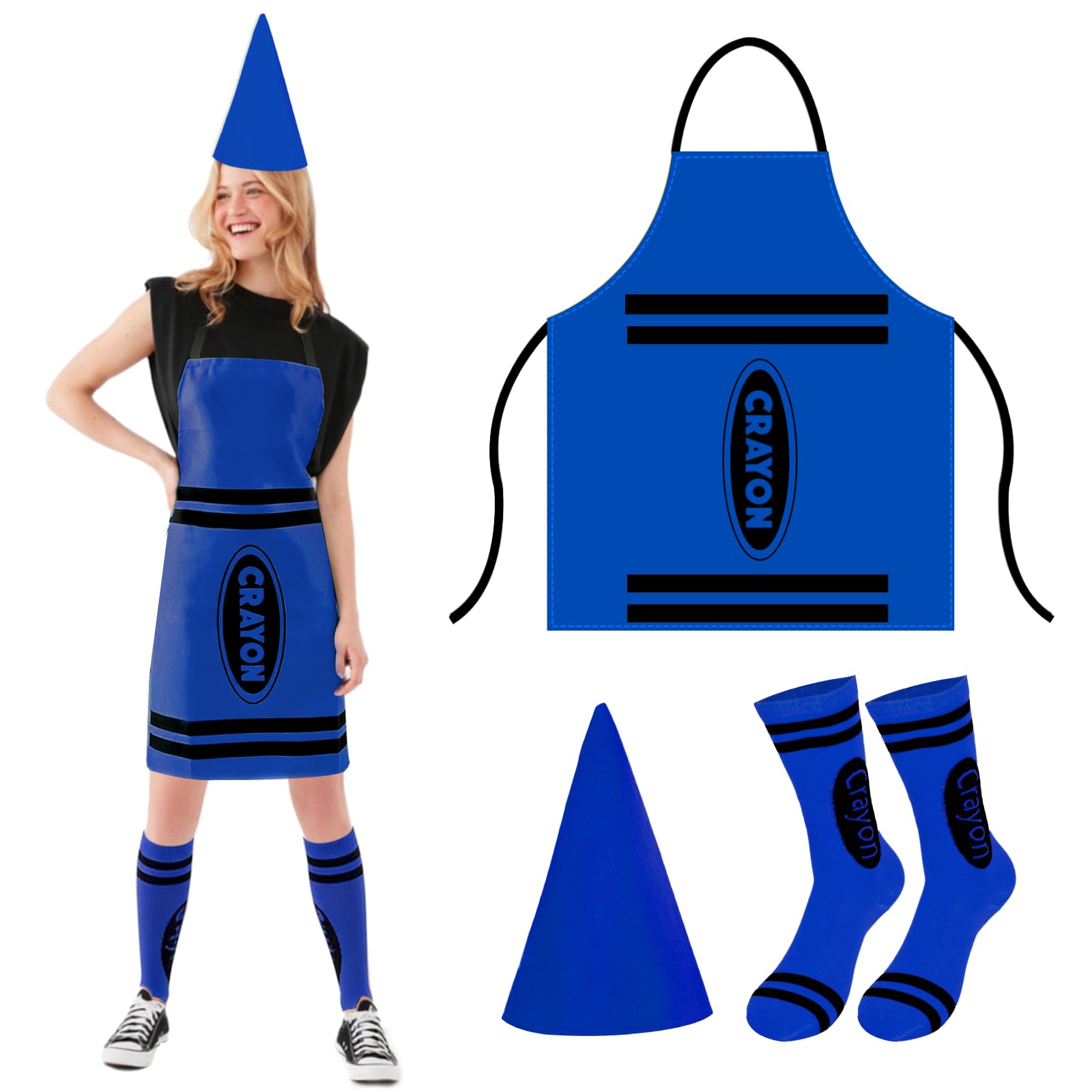 Crayon Costume Adult 3Pcs,Colorful Crayon Fancy Dress Include Crayon Apron, Funny Cone Hat And Striped Socks,Unisex World Book Day Costumes,Halloween Party Christmas Group Cosplay Outfits (Dark Blue)