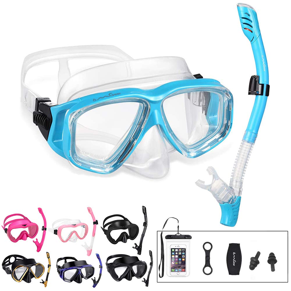 OMGear Snorkel Set Snorkeling Gear Package Diving Set Premium Silicone Dive Goggles Snorkel Equipment Goggles Neoprene Mask Strap Scuba Diving Freediving Spearfishing Swimming