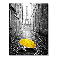 Genius Decor - Modern Black Gray and Yellow Decor, Paris Effiel Tower Rainy Day Yellow Umbrella Canvas Wall Art Print Decoration