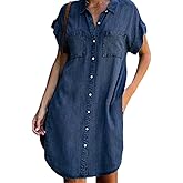 yoeasy Womens Short Sleeve Denim Shirt Mini Dress Button Down Casual Jean Tunic Shirt Dresses with Pockets