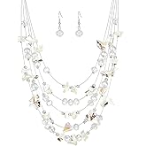 Multi-Layer Boho Shell Beaded Necklace for Women Colorful Crystal Strand with Silver Beads Statement Collars Necklace and Earrings Costumes Jewelry Sets for Women