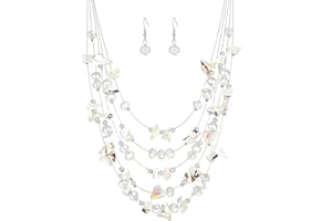 ERRALLY Multi-Layer Boho Shell Beaded Necklace for Women Colorful Crystal Strand with Silver Beads Statement Collars Necklace and Earrings Costumes Jewelry Sets for Women