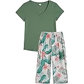 YIJIU Women Soft Comfy Pajamas Cute Cat Short Sleeve Capri Pants PJS Set