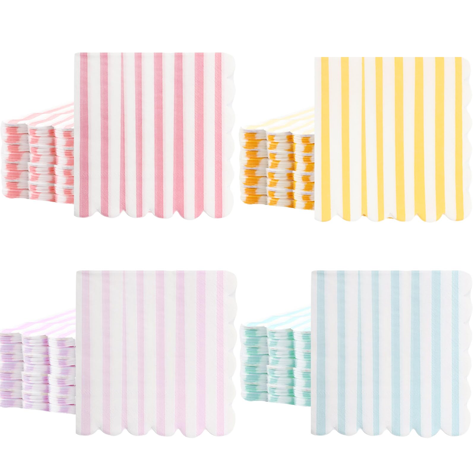 Photo 1 of Tenceur 100 Pack Scalloped Pastel Napkins Mixed Stripe Ice Cream 5 x 5 Inch Disposable Paper Cocktail Beverage Napkins for Pastel Summer Party Shower Birthday Dinner Decor Supplies Favor(Four Colors)