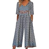 Kubsid Womens Jumpsuits Dressy Casual Boho Floral Short Sleeve Jumpsuit V Neck Wide Leg Loose Flowy One Piece Bodysuit