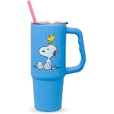 Silver Buffalo Peanuts Snoopy and Woodstock, Stainless Steel Tumbler, 30oz | Soft Touch Finish, Includes Handle and Straw, Double Walled, Fits in Cup Holder, Blue, 0.89 Liters