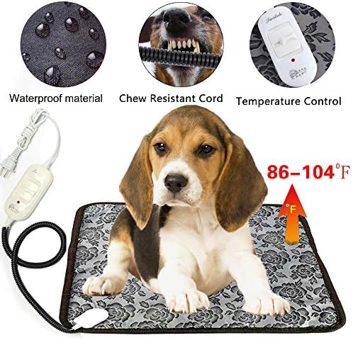 Pet Heating Pad, Dog Cat Electric heated Pad Waterproof Adjustable Winter Warming Animal Mat bed with Chew Resistant Steel Cord Peony Pattern17.7"x17.7"