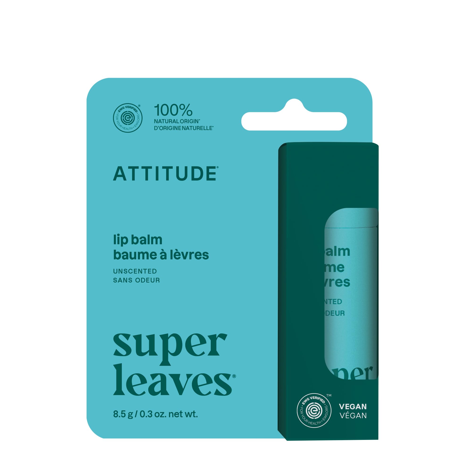 ATTITUDE Lip Balm, Natural Origin, Nourishes & Protects, Shea Butter, Coconut & Castor Oils, EWG Verified, For Dry Lips, Men and Women, Vegan, Unscented, 8.5 g