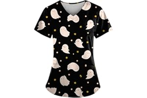 PETYCZEN Womens Scrub Tops Cute Animals Print V Neck Short Sleeve Shirts Stretch Nurse Uniform Medical Scrubs with Pockets
