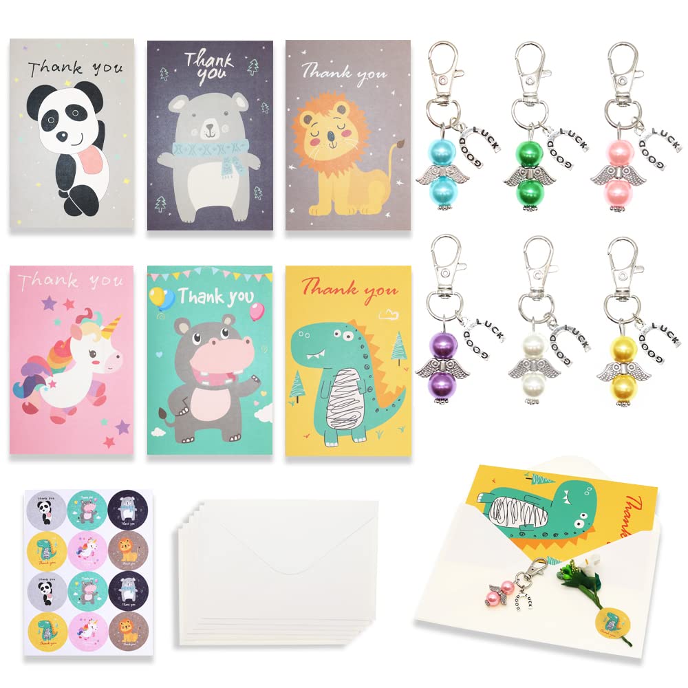 BITEYI Thank You Card Keychain set,6 Greeting Cards with Envelopes 6 Keyring 12 Sticker 12 Handmade Flowers,Gifts of Thanks for Colleagues Teachers Parents Friends (Cartoon)