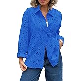 hathne Women's Crochet Embroidery Eyelet Tops Shirt Blouse Boho Long Sleeve Button Front Oversized Blouse