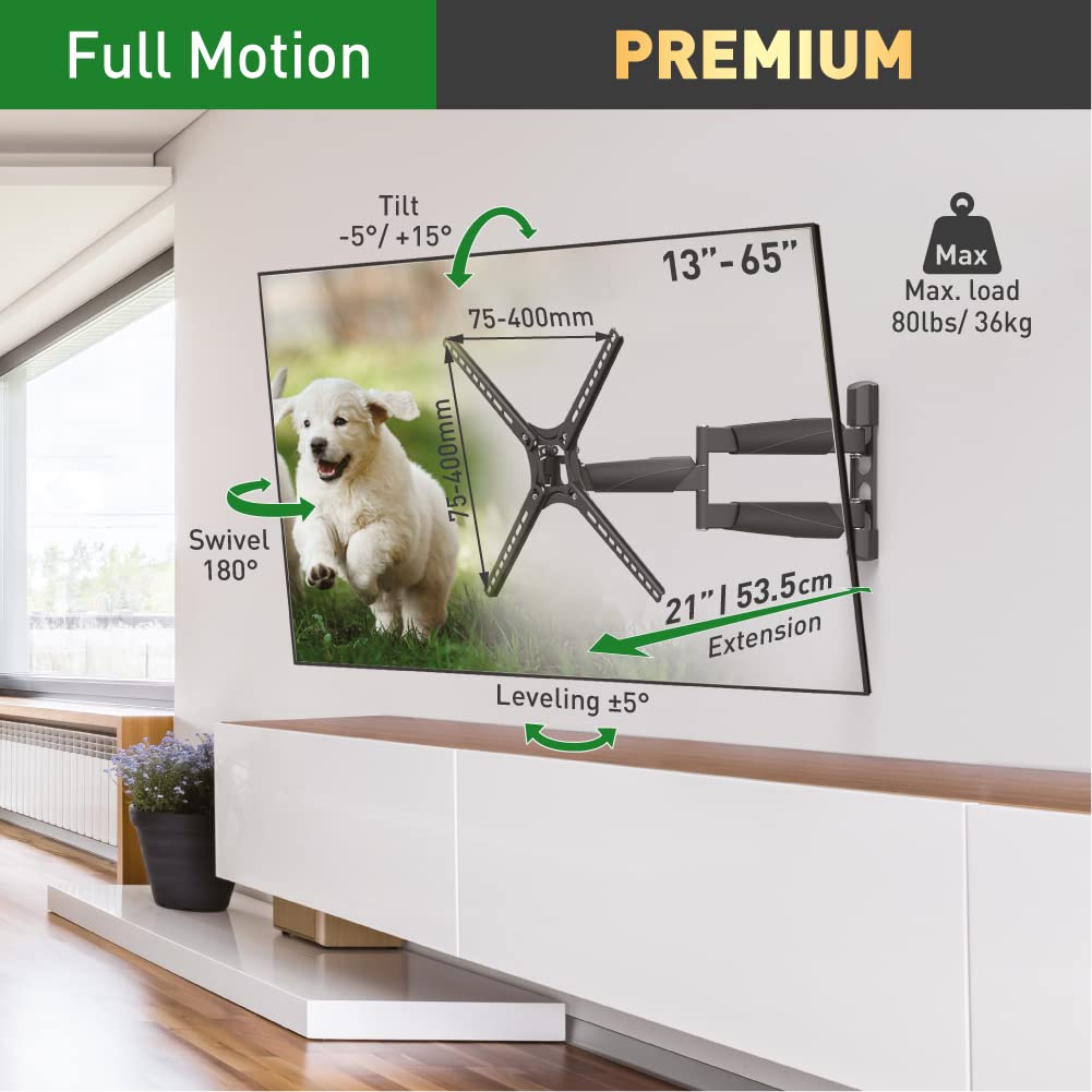 Barkan TV Wall Mount, 13-65 inch Full Motion Articulating - 4 Movement Long Premium Flat/Curved Screen Bracket, up to 80 lbs, Extremely Extendable, Lifetime Limited Warranty,Fits LED OLED LCD