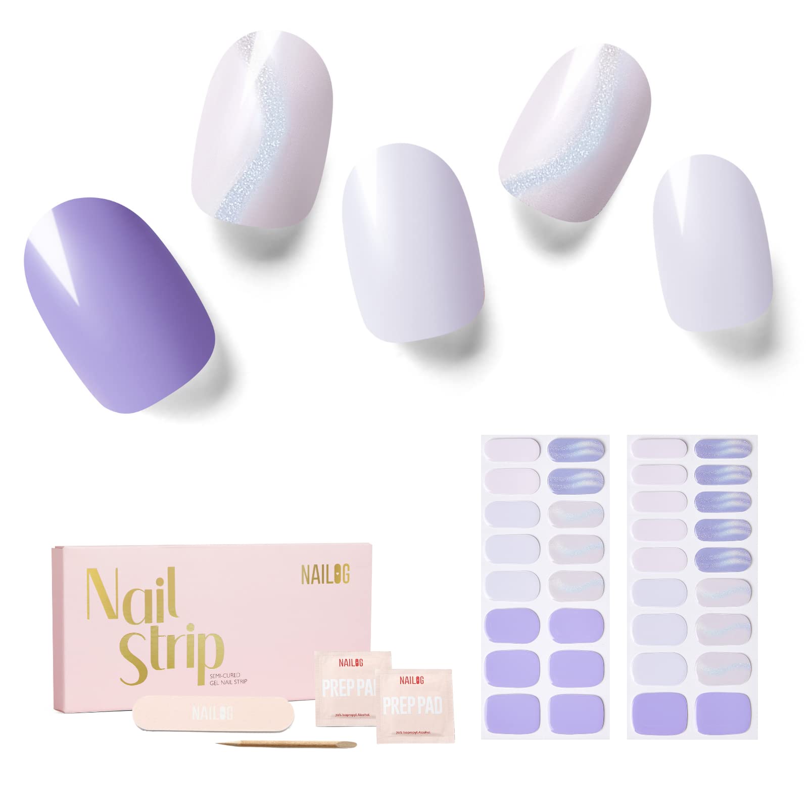 NAILOG Semi Cured Gel Nail Strips, 34 pcs Salon-Quality Gel Nail Stickers, Long Lasting Ombre Nail Wraps for Women with Soft Gel Finish, Lavender Purple & Shimmer Swirl, Lavender Mist — image 1
