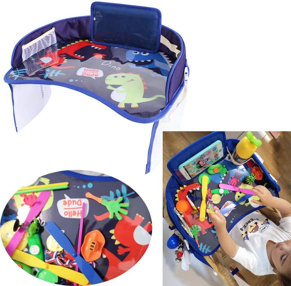Kids Travel Tray Car Seat, Snack Play Trays with Mesh Pockets，Car Activity Tray for children with Dry Erasable Drawing Surface with Tablet Phone Holder Waterproof and Foldable