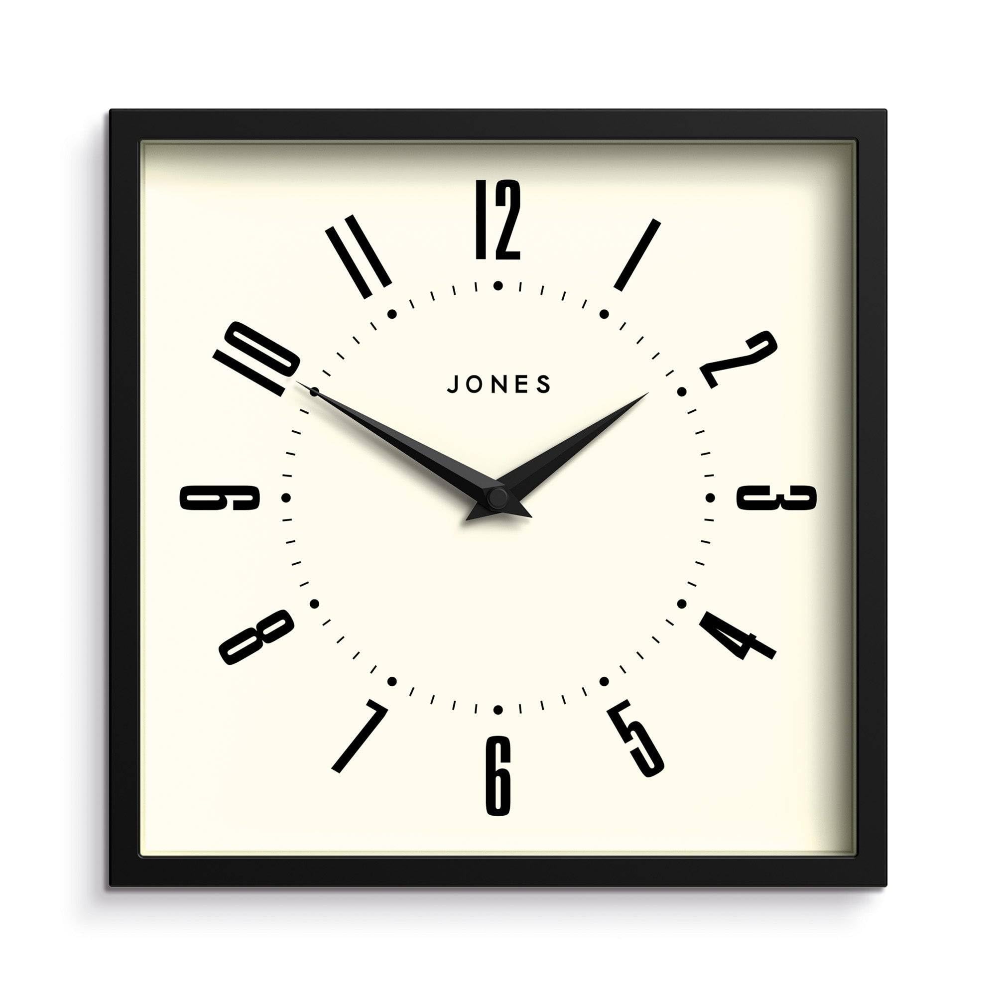 Jones Clocks® Box wall clock | Retro square | 25cm | Black | Easy to read numbers | Perfect kitchen or office clock