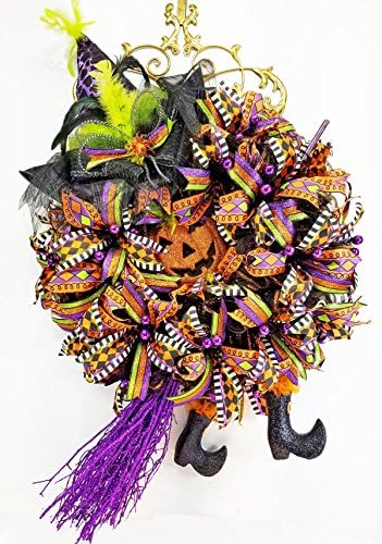 Handmade Halloween Witch Wreath - Purple Witch Wreath - Jack O Lantern Witch Wreath - Witch Broom and Legs Wreath - Halloween Mesh Door Decor