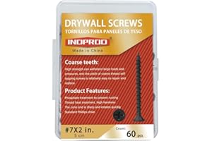 INDPROD Drywall Screws Kit #7 x 2-Inch, Coarse Thread Wood Screws, Bugle Head Phillips Drive Sheetrock Screws Set, Self Tapping Dry Wall Screws, Phosphate Coated Finish, Sharp Point, Black, 60 Pack